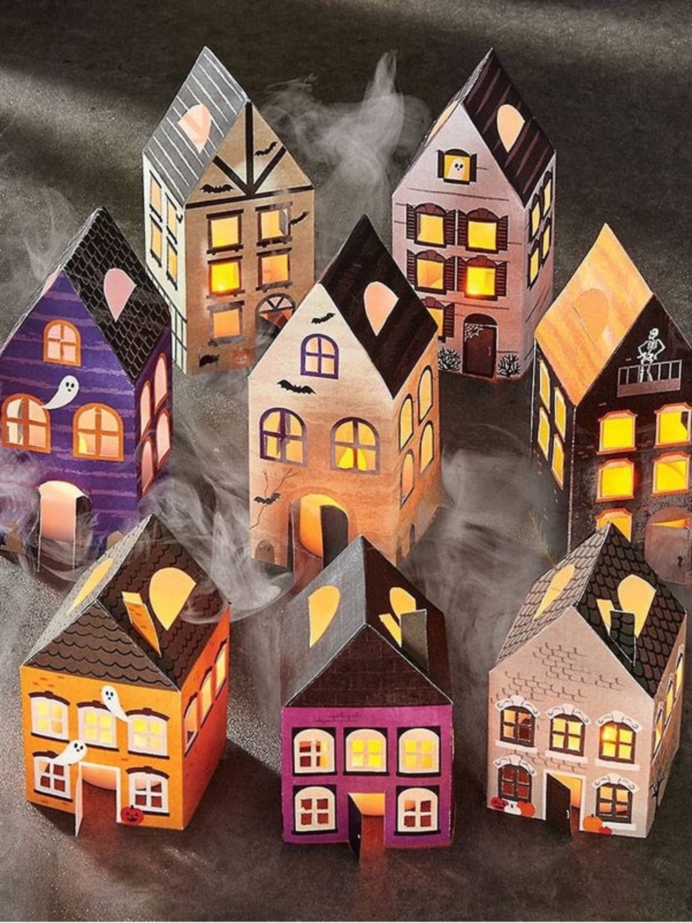 Halloween Mini Paper House Tea Light Set - Purple, Orange, Black